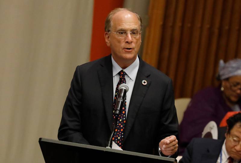 Larry Fink, the chairman and CEO of BlackRock, an American multinational investment management corporation speaks at the High-level Meeting on Financing the 2030 Agenda for Sustainable Development at United Nations headquarters.  EPA
