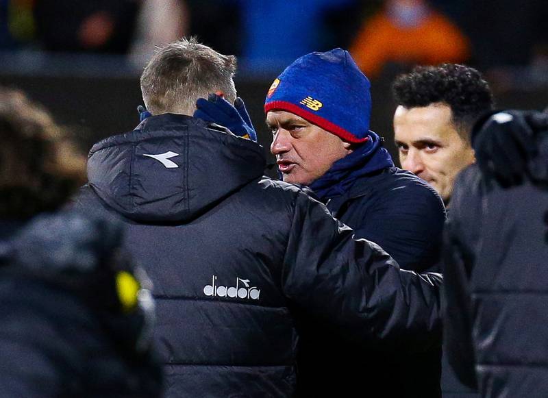 Bodo/Glimt coach Kjetil Knutsen with AS Roma coach Jose Mourinho after the match. Reuters