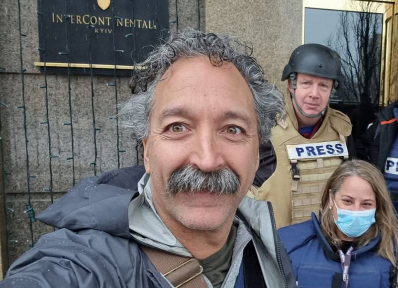 This image released by Fox News Channel shows cameraman Pierre Zakrzewski while on assignment with colleagues, Fox News correspondent Steve Harrigan and Jerusalem-based senior producer Yonat Friling in Kyiv.  AP