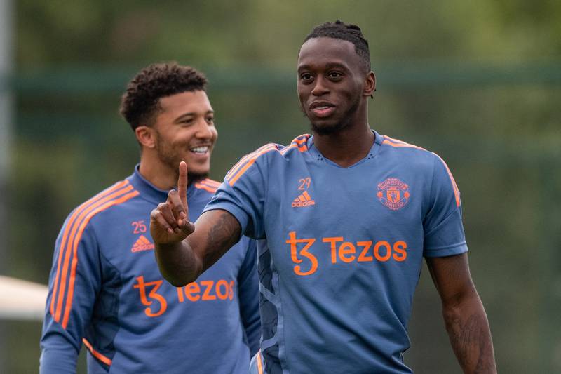 Aaron Wan-Bissaka of Manchester United in action during a first team training session.