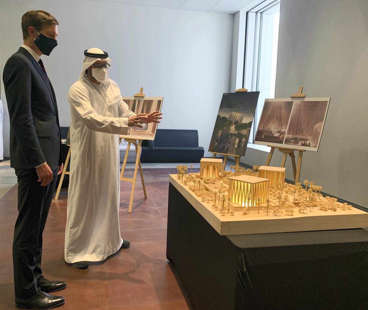 Jared Kushner, Senior adviser to the US President, being shown a replica of the Abrahamic Family House, a planned interfaith prayer site, at Louvre Abu Dhabi. Twitter/ @USAinUAE