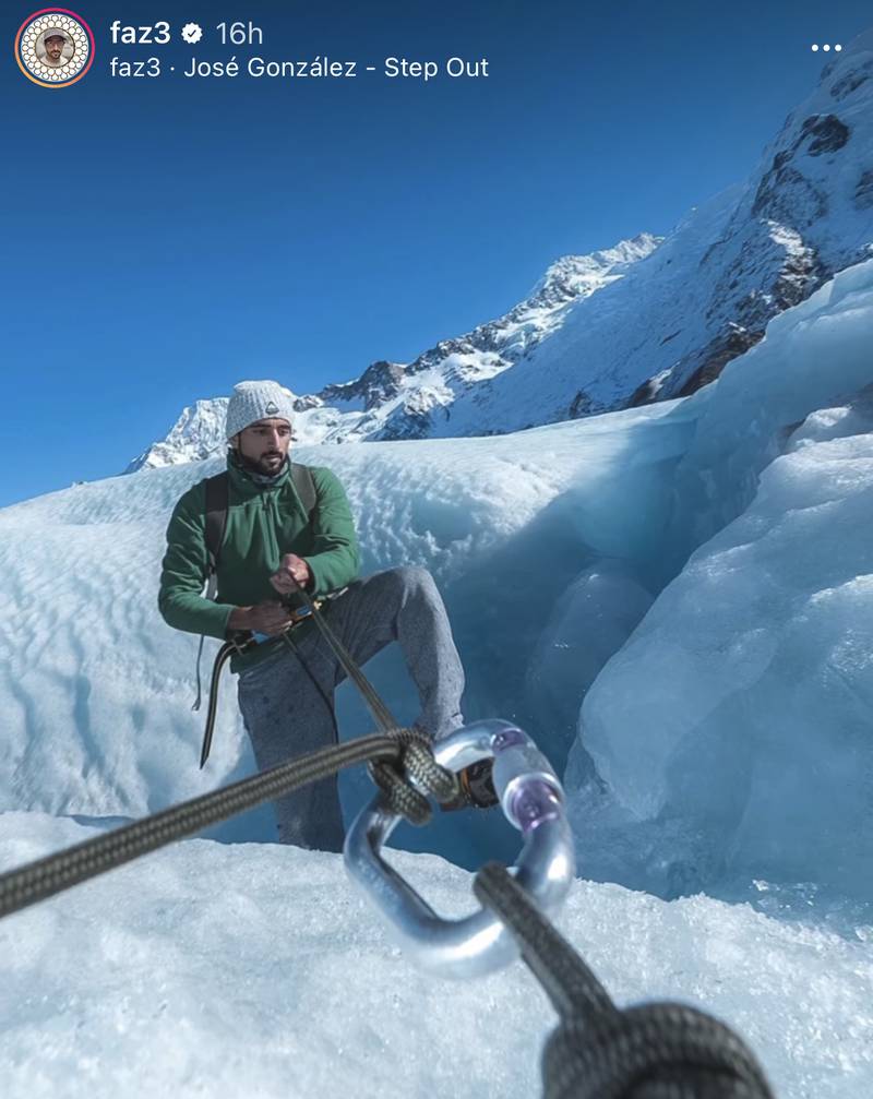 Sheikh Hamdan climbs down a glacier hole.