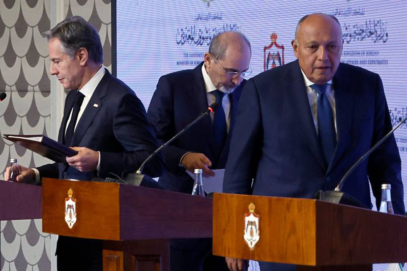 US Secretary of State Antony Blinken, Egyptian Foreign Minister Sameh Shoukry and Jordanian Deputy Prime Minister and Foreign Minister Ayman Safadi met in Amman over the weekend. AFP