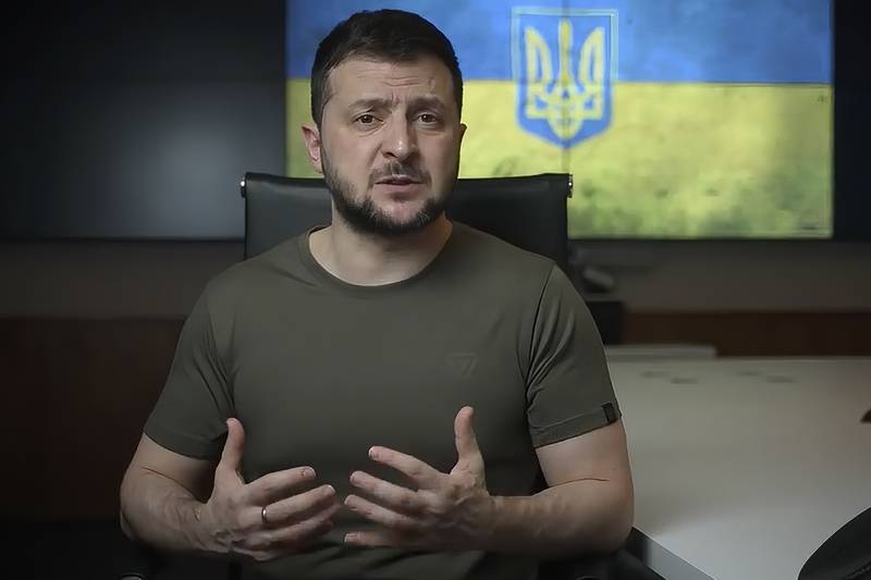 In this image from a video provided by the Ukrainian Presidential Press Office, Ukrainian President Volodymyr Zelenskyy speaks from Kyiv, Ukraine. AP