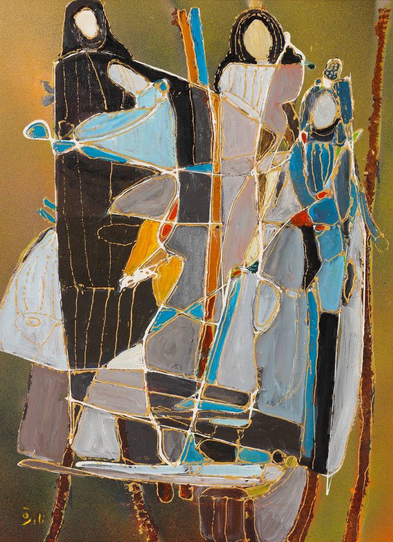 'Family' (Iraq, 1927 - 2020), 1986, mixed media on canvas, 60 x 30 cm, by Nadira Azzouz. Photo: Barjeel Art Foundation, Sharjah