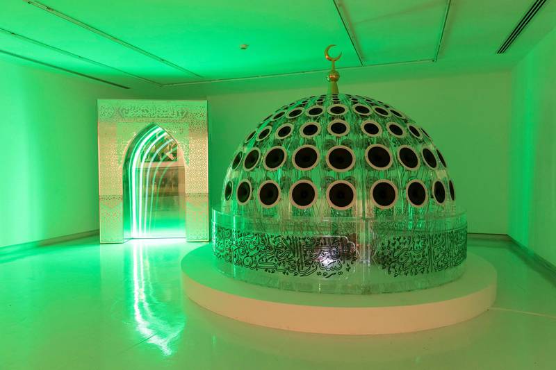 SHARJAH, UNITED ARAB EMIRATES. 24 DECEMBER 2018. Artwork on show at the Sharjah Islamic Art Festival. Mihrab by Khalid Zahid and Ali Chaaban. (Photo: Antonie Robertson/The National) Journalist: Anna Seaman. Section: Arts & Culture.