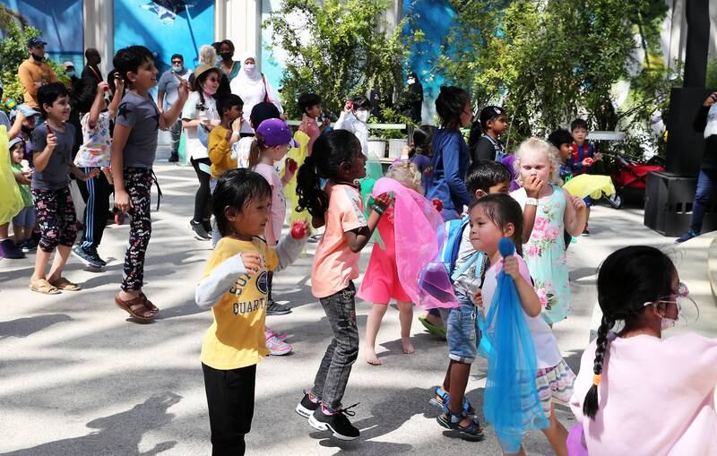 Kids enjoying the dance class at the Sustainability pavilion as Expo 2020 Dubai nears its conclusion. Pawan Singh / The National