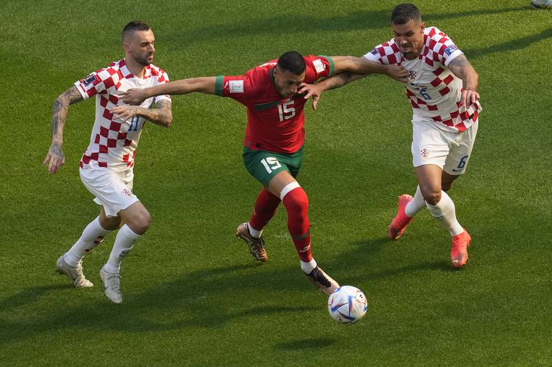 (L-R) Marcelo Brozovic, Selim Amallah and Dejan Lovren vie for the ball as Morocco and Croatia drew 0-0. AP