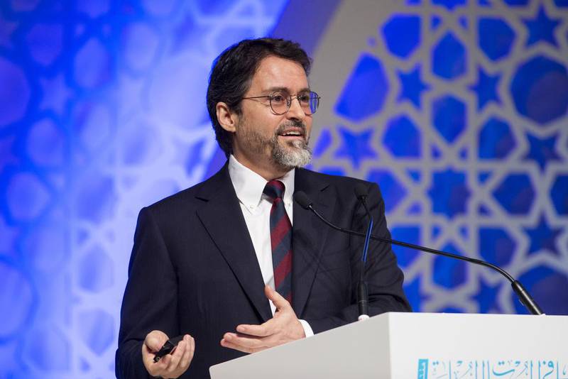 Shaykh Hamza Yusuf, president of Zaytuna University, speaks during the Promoting Peace in Muslim Societies forum at Etihad Towers in Abu Dhabi. Christopher Pike / The National