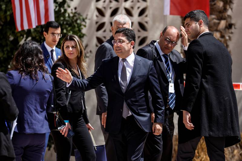 Morocco's Foreign Minister Nasser Bourita departs the Kedma Hotel, the location of the Negev Summit. Reuters