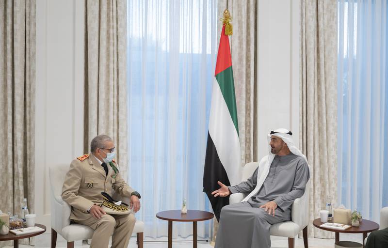 Sheikh Mohamed bin Zayed, Crown Prince of Abu Dhabi and Deputy Supreme Commander of the Armed Forces, meets Gen Belkhir Al Farouk, Inspector General of the Royal Moroccan Armed Forces, at Al Shati Palace. Photo: Mohamed Al Hammadi / Ministry of Presidential Affairs