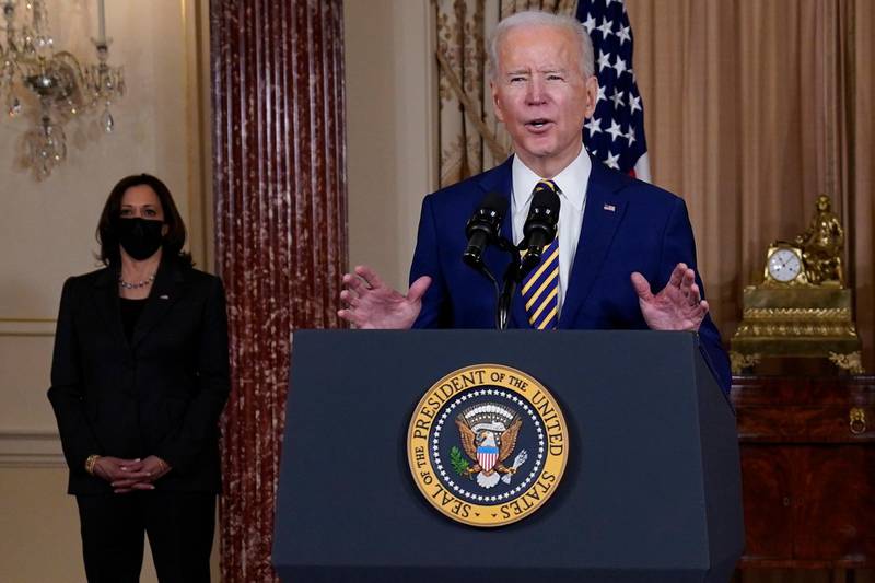 Vice President Kamala Harris looks on as President Joe Biden delivers a speech on foreign policy, at the State Department on February 4. AP Photo