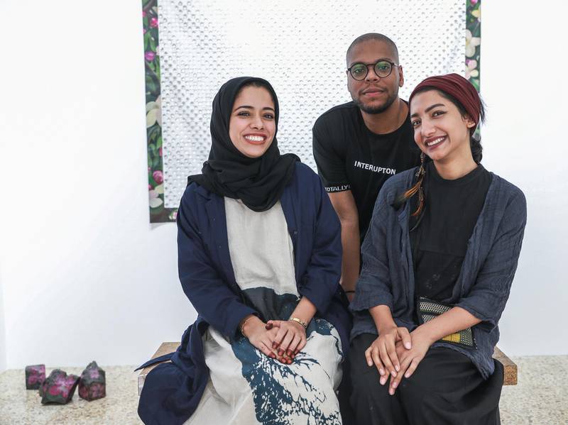 Abu Dhabi, U.A.E., June 6, 2018.    Bait 15 Studio and Art work space.  (L-R)  Afra Al Dhaheri, Hashel Lamki and Maitha Abdalla.Victor Besa / The NationalReporter:   Melissa Gronlund  Section:  Arts & Culture