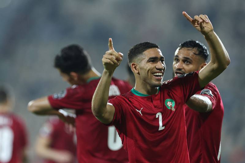 Morocco's Achraf Hakimi celebrates scoring his team's second goal during the Africa Cup of Nations match against Gabon at Stade Ahmadou Ahidjo in Yaounde on January 18, 2022. AFP