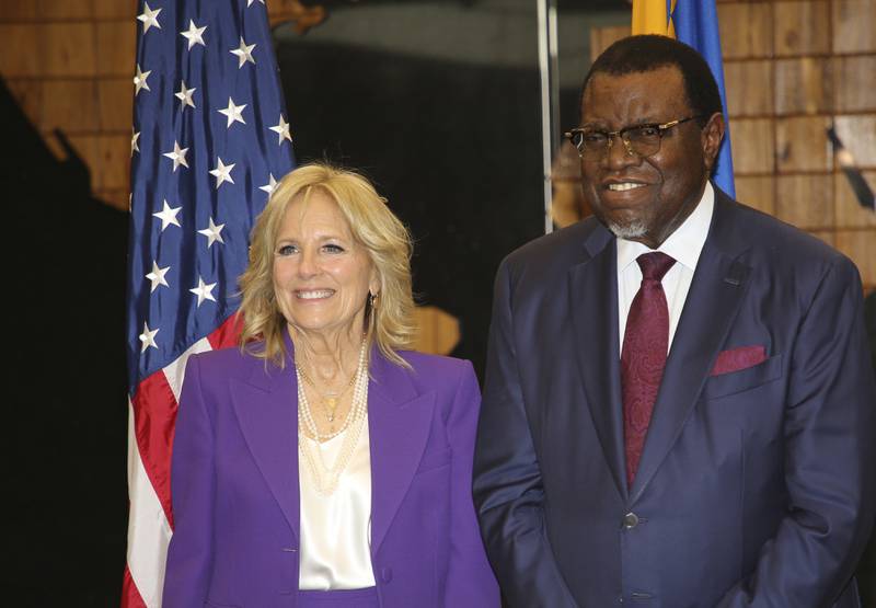 US first lady Jill Biden with Namibian President Hage Geingob at the State House in Windhoek, Namibia, on February 22, 2023. AP 