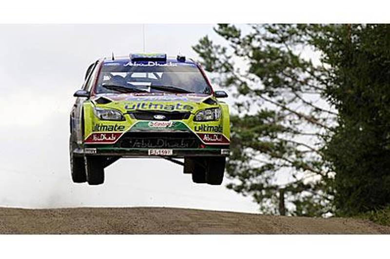 Mikko Hirvonen competes on the second day of the Rally of Finland yesterday.