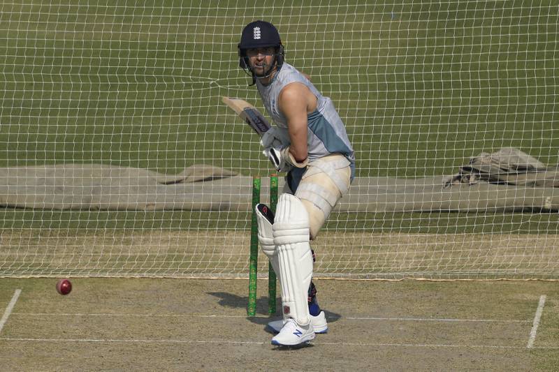 England's Mark Wood bats during a training session. AP
