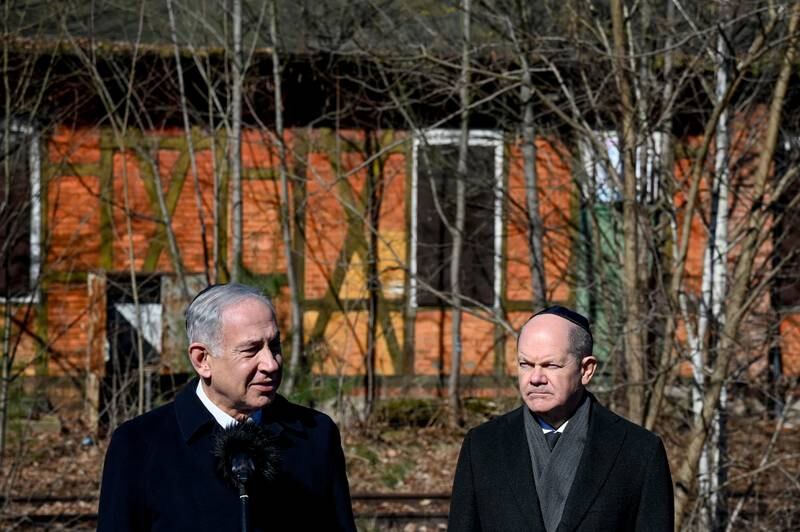 Benjamin Netanyahu, left, and Olaf Scholz at a memorial event commemorating the deportation of Jews during the Second World War in Berlin. EPA