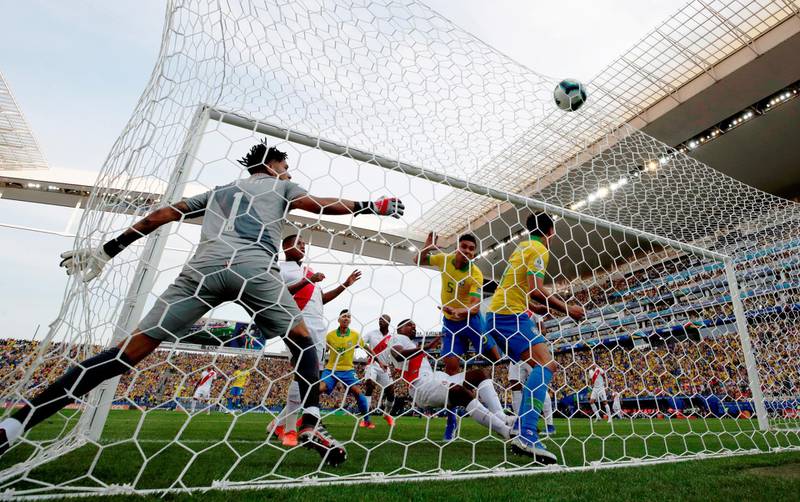 Brazil's Casemiro scores their first goal. Reuters