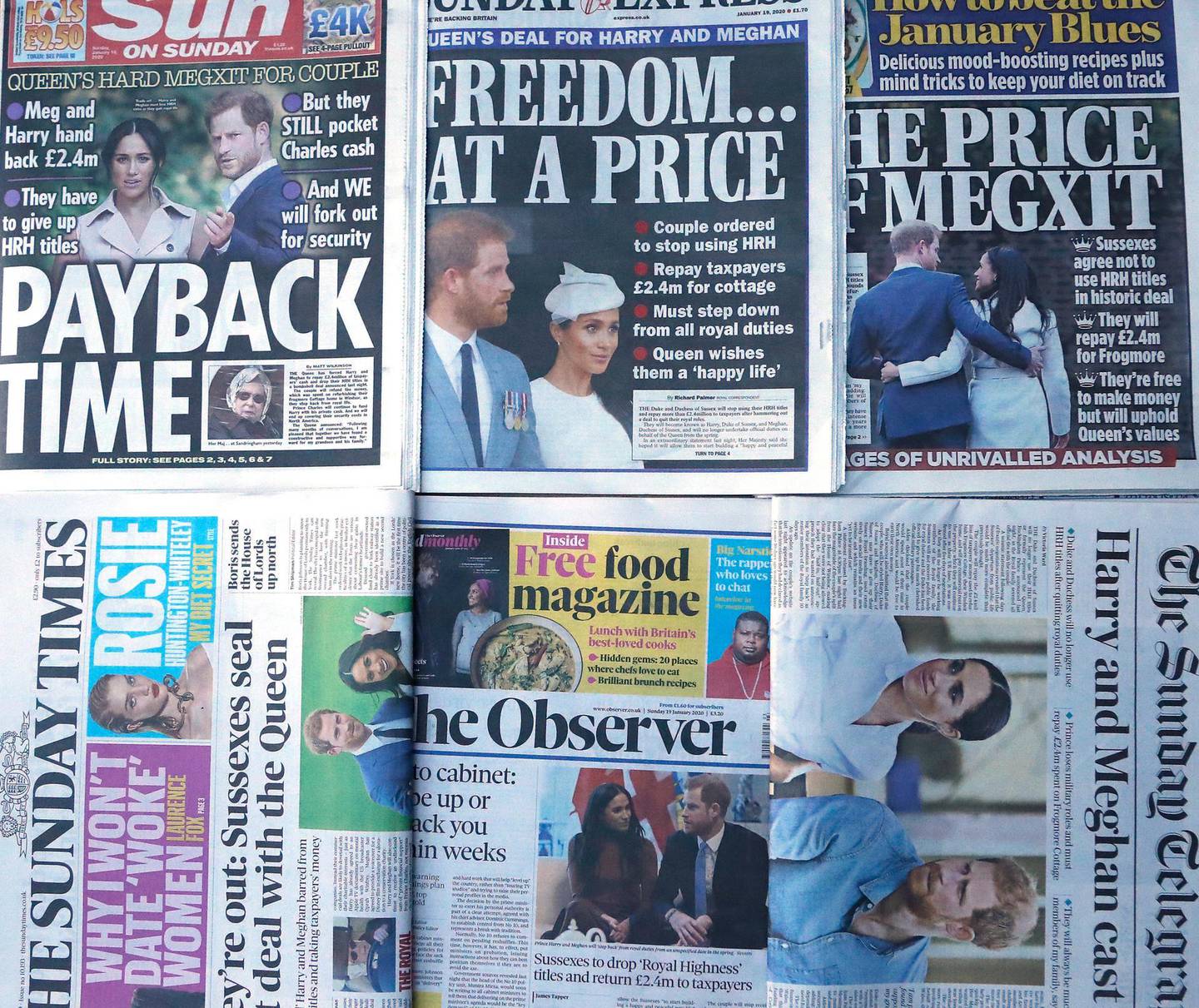 The front pages of London's Sunday newspapers are displayed in London, Sunday, Jan. 19, 2020. The papers fronted the news that Buckingham Palace says Prince Harry and his wife, Meghan, will no longer use the titles "royal highness" or receive public funds for their work under a deal that allows them to step aside as senior royals. (AP Photo/Frank Augstein)