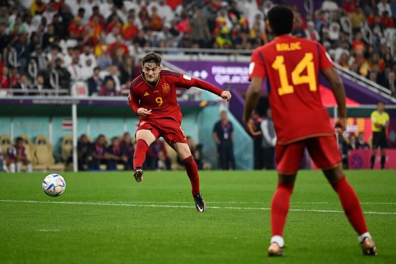 Gavi of Spain scores their fifth goal during the World Cup Group E match against Costa Rica at Al Thumama Stadium on November 23, 2022, in Doha. Getty 
