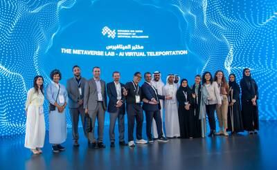 The Mohamed bin Zayed University of Artificial Intelligence team at the launch of the MBZUAI Metaverse Centre and MBZUAI Incubation and Entrepreneurship Centre at Gitex Global in Dubai. Leslie Pableo / The National