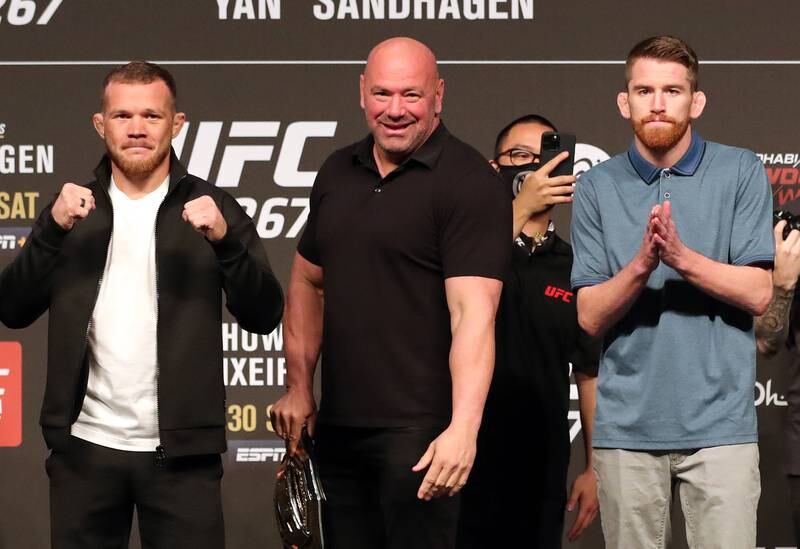 UFC bantamweights Cory Sandhagen (R) and Petr Yan square off at the press conference before UFC 267.