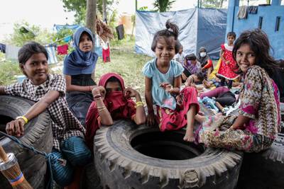 Rohingya children at a temporary refugee shelter in Lapang Barat village, Bireuen, in Indonesia's Aceh province. AFP