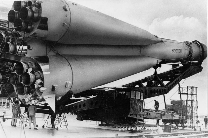 FILE - This undated picture shows a Russian Vostok rocket on its launcher. It was the Soviet Union's own giant leap for mankind _ one that would spur a humiliated America to race for the moon. It happened on Tuesday, April 12, 1961 when an air force pilot named Yuri Gagarin, traveling in a Vostok, became the first human in space. (AP Photo/File)