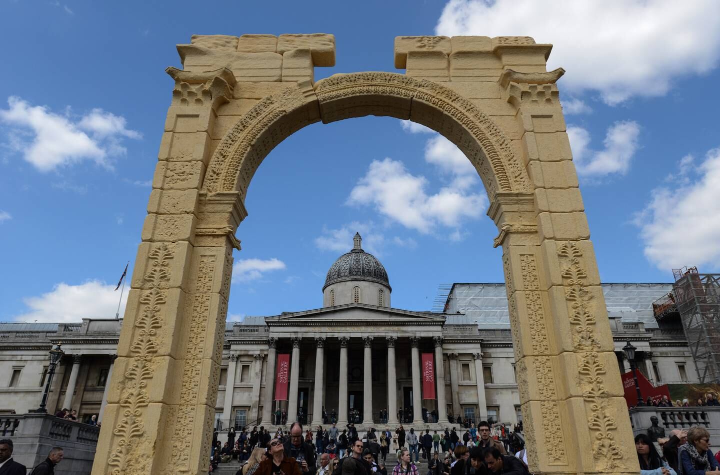 A replica of the Triumphal Arch at Palmyra is unveiled in Trafalgar Square, London, in 2016. The 2,000-year-old arch in the Syrian city was destroyed by ISIS forces in October 2015. Getty Images