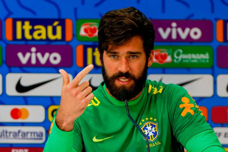 Brazil goalkeper Alisson speaks during a press conference after a training session at Beira-Rio Stadium in Porto Alegre, AFP