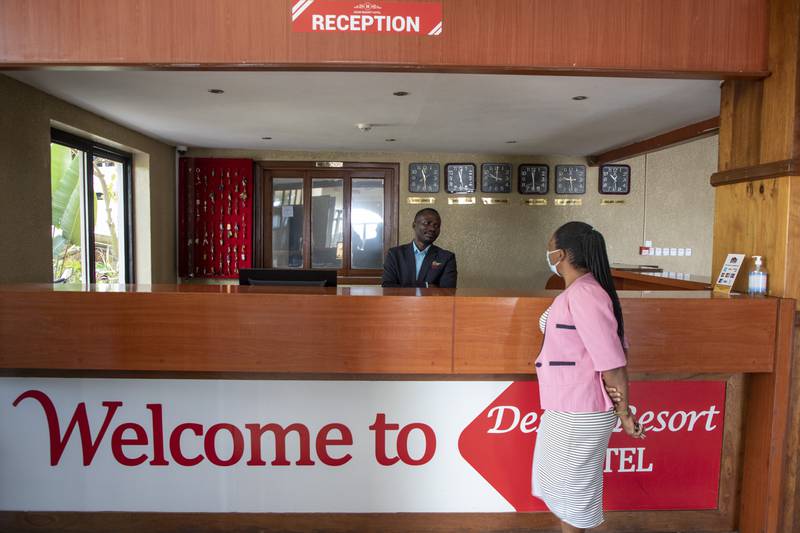 The reception of the Desir Resort Hotel, which is one of the locations expected to house some of the asylum-seekers due to be sent from Britain to Rwanda, in the capital Kigali. AP