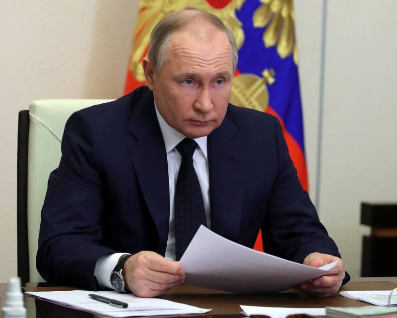 Russian President Vladimir Putin at an online Cabinet meeting on March 23. Sputnik, Kremlin Pool Photo via AP
