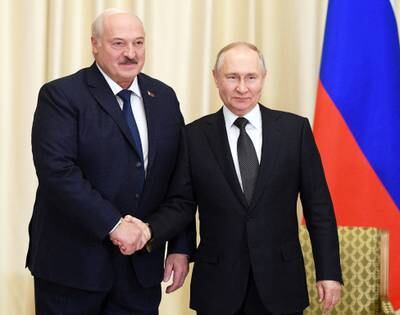 Russian President Vladimir Putin, right, with Belarus President Alexander Lukashenko at the Novo-Ogaryovo state residence outside Moscow. Reuters