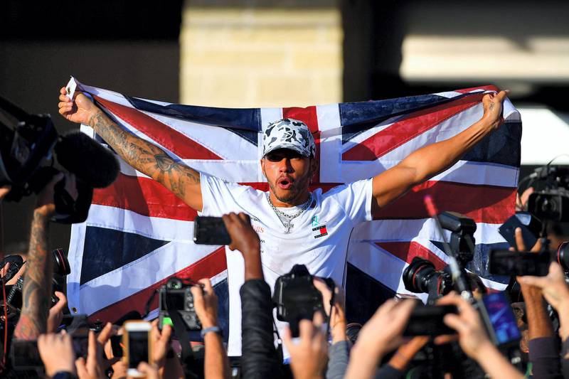 AUSTIN, TEXAS - NOVEMBER 03: 2019 Formula One World Drivers Champion Lewis Hamilton of Great Britain and Mercedes GP celebrates after the F1 Grand Prix of USA at Circuit of The Americas on November 03, 2019 in Austin, Texas.   Clive Mason/Getty Images/AFP
== FOR NEWSPAPERS, INTERNET, TELCOS & TELEVISION USE ONLY ==

