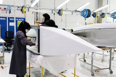 Nearly nine out of 10 of the Emirati workforce at Strata, an Al Ain-based plane parts manufacturer are women. Pawan Singh / The National
