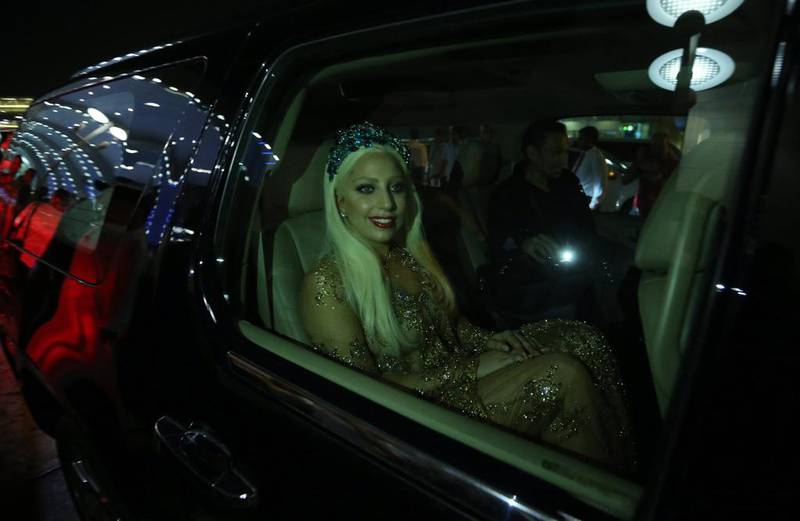 Lady Gaga leaves in a car after arriving at Dubai Airport. Ali Haider / EPA