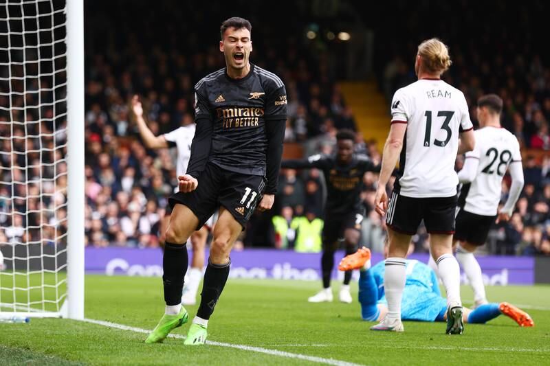Arsenal's Gabriel Martinelli celebrates after Antonee Robinson of Fulham concedes an own goal, which is then ruled out for offside following a VAR review. Getty