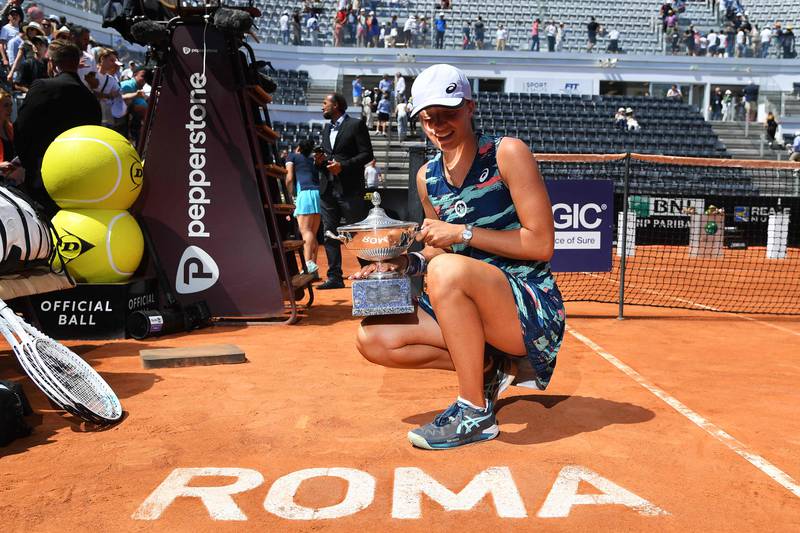 Iga Swiatek after defeating Ons Jabeur 6-2, 6-2 to win the  Italian Open final at Foro Italico in Rome, on Sunday, May 15, 2022. AFP