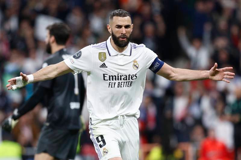 Real Madrid's Karim Benzema celebrates after scoring against Liverpool during their Champions League last-16 second leg at the Bernabeu on Wednesday, March 16, 2023. AFP