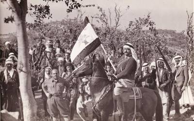 L’Emir Majid Arslan with the new Lebanese flag in 1943. Courtesy L'Emir Faysal Arslan Museum