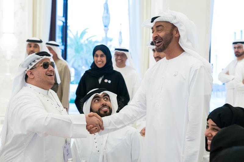 ABU DHABI, UNITED ARAB EMIRATES - March 10, 2019:  HH Sheikh Mohamed bin Zayed Al Nahyan, Crown Prince of Abu Dhabi and Deputy Supreme Commander of the UAE Armed Forces (R) greets a participant during the Determination Retreat, at the Presidential Palace.

( Mohamed Al Hammadi / Ministry of Presidential Affairs )
---