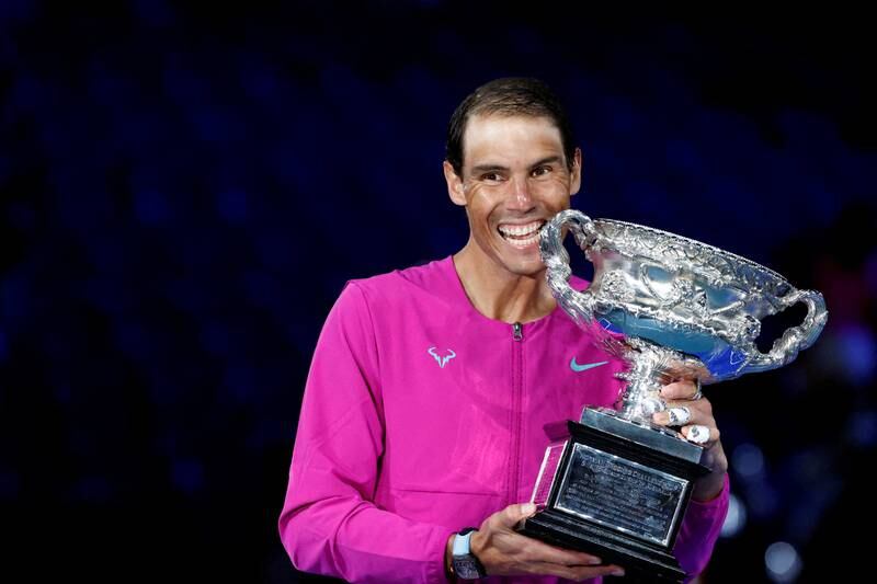 Rafael Nadal celebrates after beating Casper Ruud to win the Australian Open final at Melbourne Park on January 31, 2022. Reuters