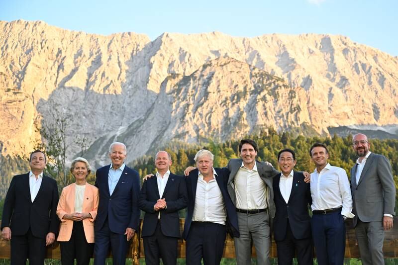 From left: Mario Draghi, European Commission President Ursula von der Leyen, US President Joe Biden, Olaf Scholz, Boris Johnson, Canada's Prime Minister Justin Trudeau, Japanese Prime Minister Fumio Kishida, Emmanuel Macron and European Council President Charles Michel at the three-day G7 summit in Germany in June. Getty Images