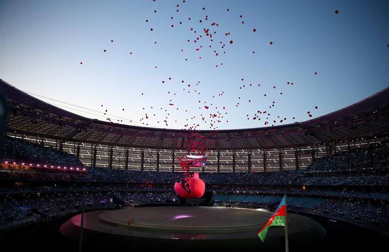 A general view of the stadium as a giant pomegranate releases balloons at the opening ceremonies of the European Games in Baku, Azerbaijan on Friday. Paul Gilham / Getty Images