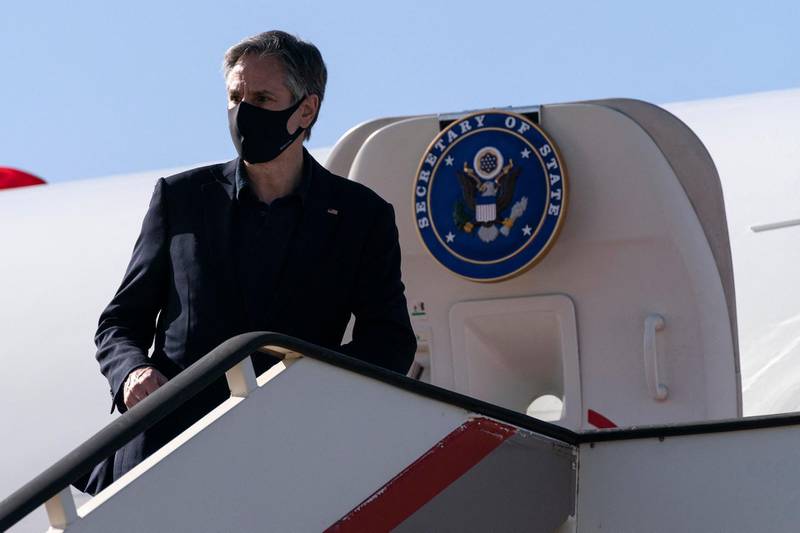 US Secretary of State Antony Blinken boards his plane upon departure from Queen Alia International Airport, May 27, 2021, in Amman, Jordan, as he returns to Washington.  US Secretary of State Antony Blinken on May 26 wrapped up a Mideast tour to bolster an Egypt-brokered ceasefire between Israel and Palestinian militants in Gaza, calling for regional cooperation to avoid more "harrowing violence". / AFP / POOL / Alex Brandon
