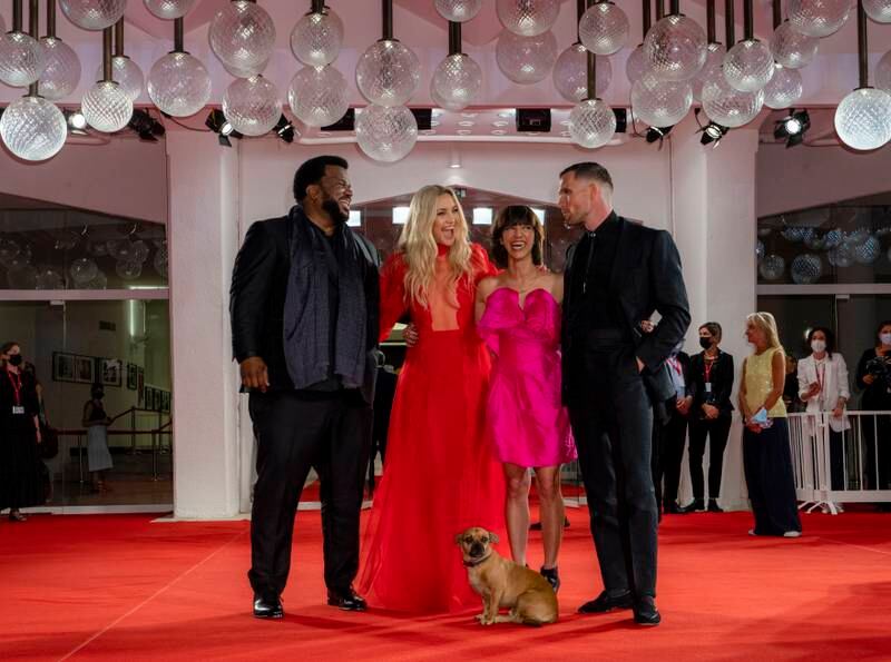 From left, Craig Robinson, Kate Hudson, director Ana Lily Amirpour and Ed Skrein pose for photographers at the premiere of 'Mona Lisa and the Blood Moon' during the 78th iteration of the Venice Film Festival. AP Photo