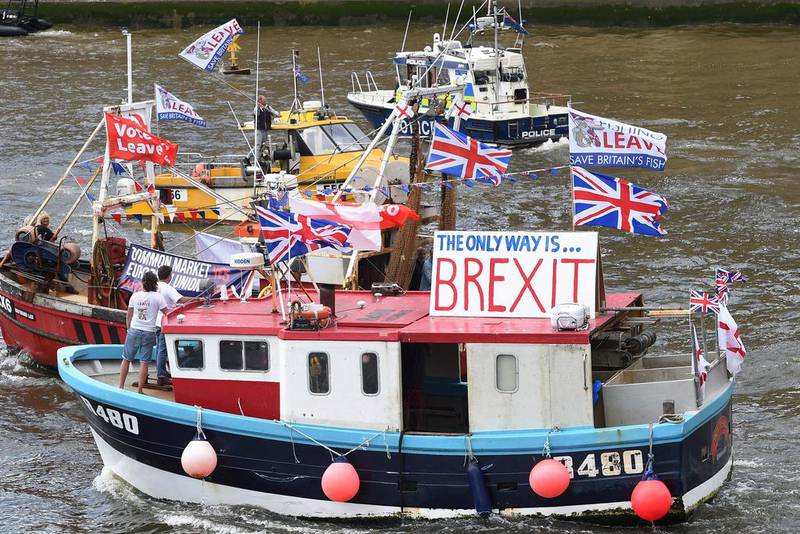 A flotilla of fishing trawlers, or the 'Fishing for Leave Flotilla’, sails up the river Thames. Facundo Arrizabalaga / EPA