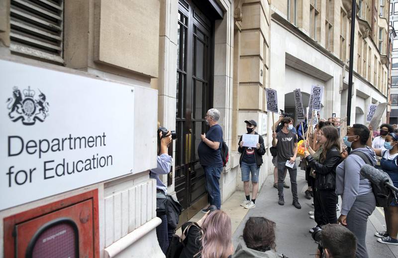 LONDON, ENGLAND - AUGUST 14: Sixth form students protest against the downgrading of A-level results on August 14, 2020 in London, England. (Photo by John Phillips/Getty Images)