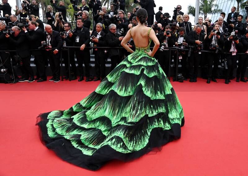 Shah's dress features hand-painted patterns inspired by the aurora borealis, or northern lights. Getty Images